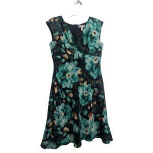Valerie Stevens 100% Silk Green Blue Floral Cross V-Neck Dress Women's Size 12